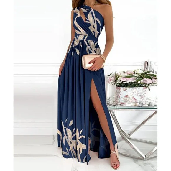 Women's Polyester One Shoulder Pleated Maxi Dress Floral High Slit Formal